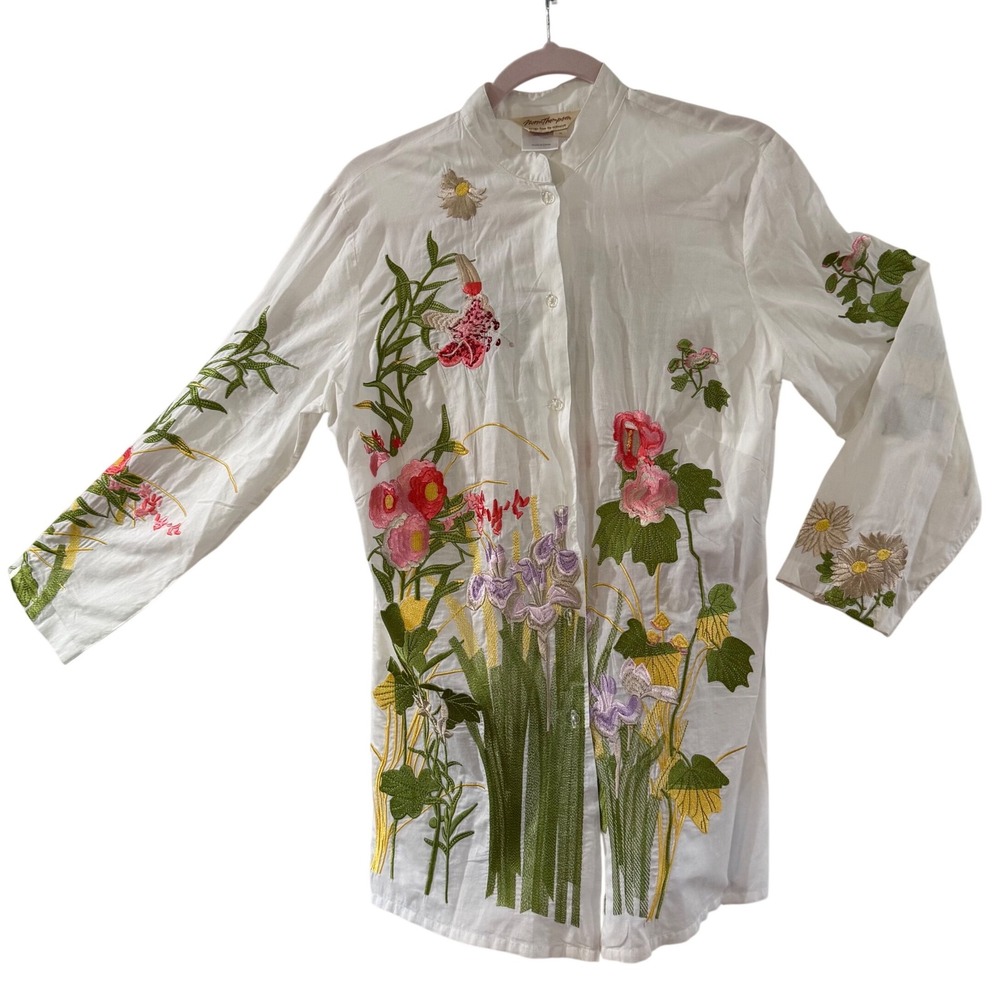Floral Embroidered Longline Shirt Cottagecore 100% Cotton S Grandma Core Beachy